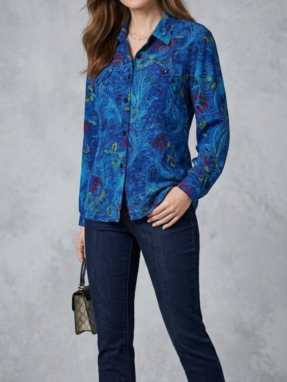Chico's Blue Paisley-Print Button Front Blouse Size 2